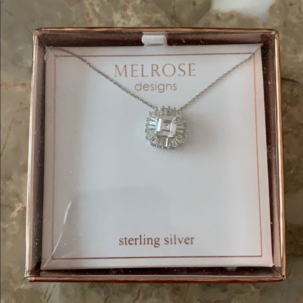 NWT Melrose Designs Sterling Silver Emerald Cut & Baguette CZ Halo Neckace